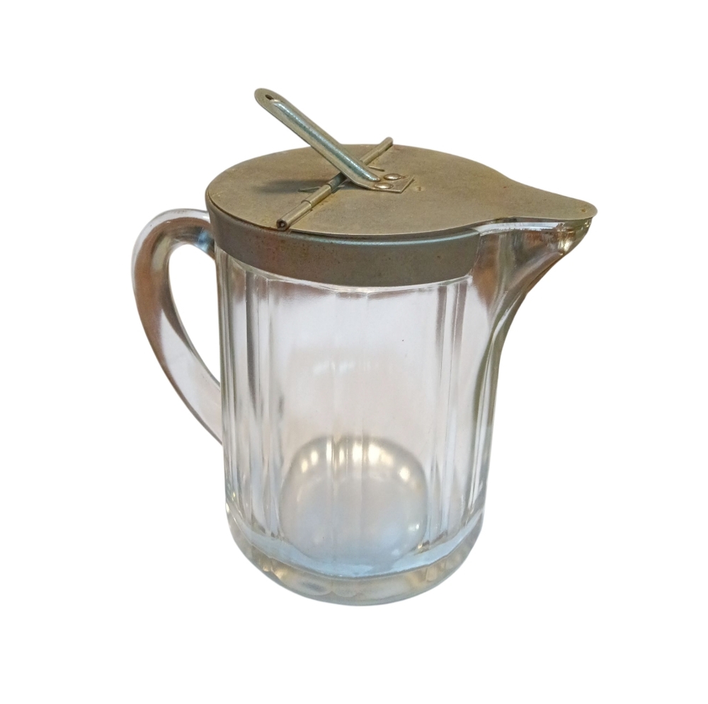 Vintage Glass Syrup Dispenser with Silver Lid 5"T